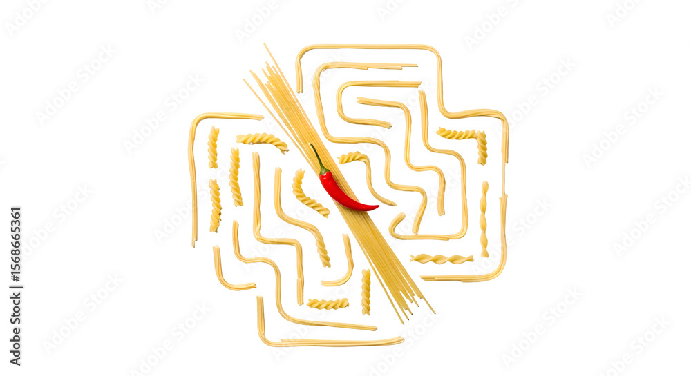 Fototapeta premium Pasta Shapes Arranged with Spaghetti and Chili Pepper on Transparent Background Still Life