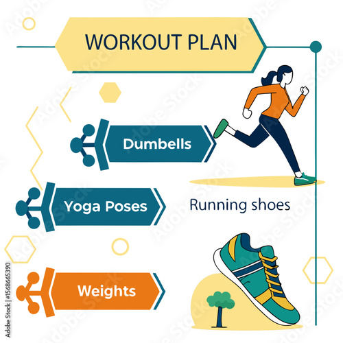Woman running with workout plan elements and athletic shoe dumbbells yoga poses
