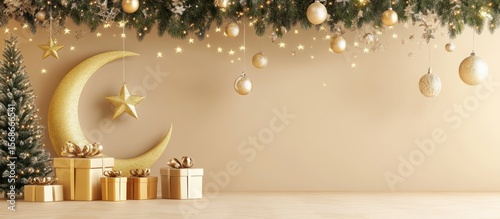 Festive gold crescent moon, gifts, tree, lights; beige room, holiday background
