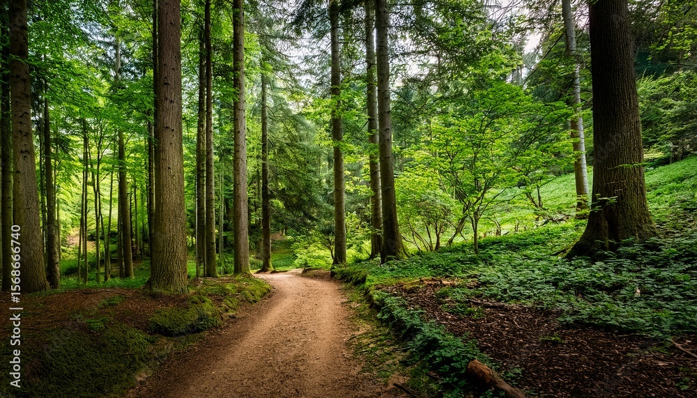 Naklejka premium a serene dirt path winds through a vibrant green forest surrounded by tall trees inviting exploration and tranquility