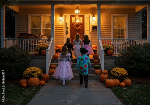 Kids in costumes go trick or treating on a decorated porch during a fall Halloween night.