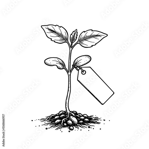 Seedling with label in soil on white background for gardening context  