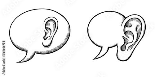 Speech bubble with ear and ear illustration in black and white  