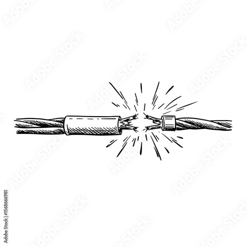 Spark wires with electrical discharge in black and white illustration  