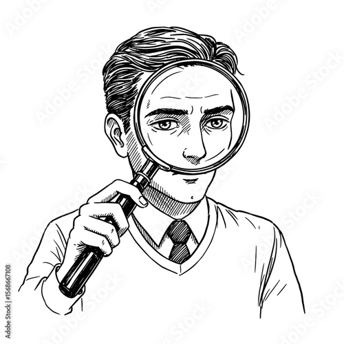 Man Under Magnifying Glass, Focused Observing Sketch. Detailed analysis, scrutiny, problem-solving, for investigation and critical review