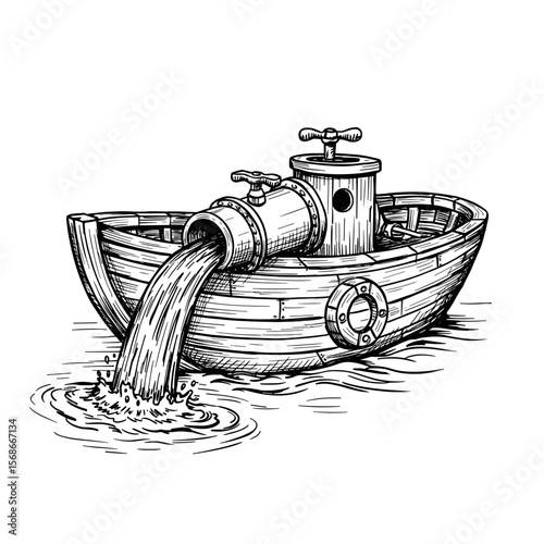 Sketch of a boat with a magic pipe pouring water into the sea  