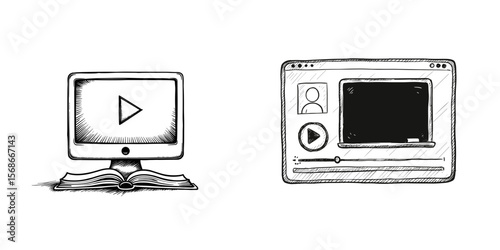 Live Online Class Icon. Hand-drawn computer screen with video interface. Virtual classroom, e-learning, distance education, for educational apps and websites