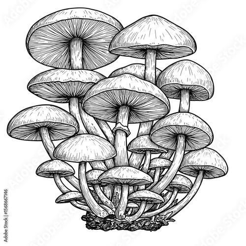 Mushroom cluster illustration in black and white graphic style on a transparent background