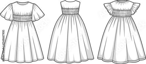 Stylish Smocked Bodice Dresses Collection Flat Technical Sketch, Featuring Various Sleeve Styles, Ideal for Children's Apparel Design and Mockups.