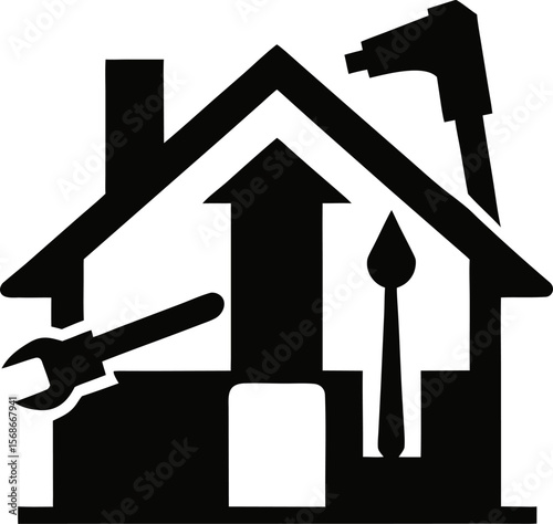 Silhouette of a home renovation with tools and outline house, concept art with white background.