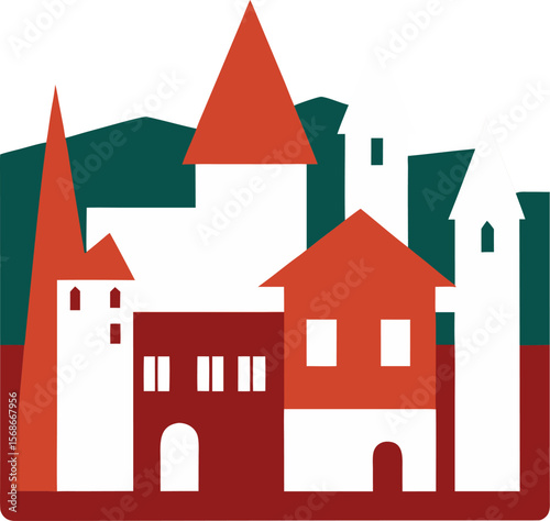 Silhouette of traditional European houses lined up, square design with white background.