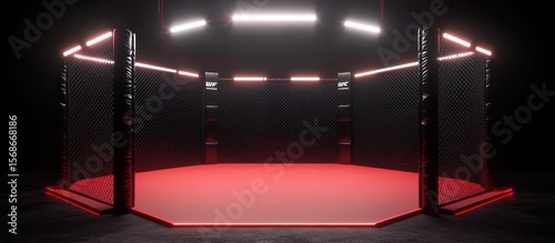 Red-lit octagon cage arena; dark background; event backdrop