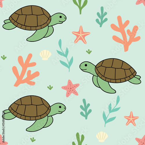 Cute sea turtle seamless pattern swimming among coral reefs starfish seaweed and shells, perfect for wallpaper.