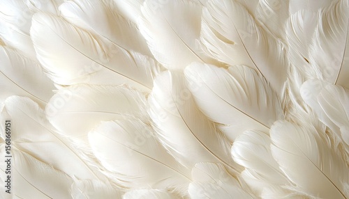 Soft, white feathers densely packed together create a smooth, fluffy texture. Ideal for backgrounds symbolizing purity, peace, or lightness in design.