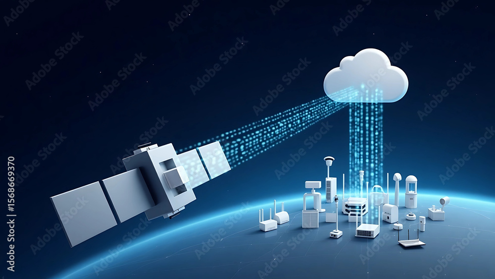 Obraz premium Satellite Transmitting Data to Cloud Icon Connected to Ground-Based IoT Devices – Smart Network Concept