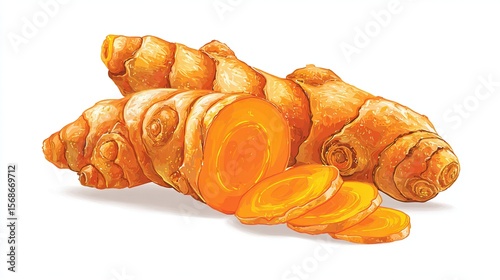 Vibrant turmeric rhizomes, one sliced, reveal its bright orange color