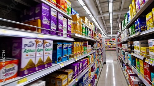 supermarket shelves filled with various packaged goods. Slow motion