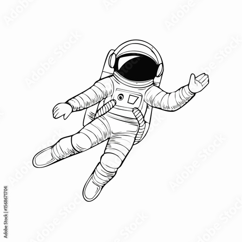 An astronaut floats in space, wearing a spacesuit and helmet, with a hand outstretched.