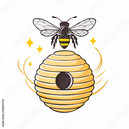 A stylized illustration of a bee and its honeycomb, radiating a sense of warmth and nature.