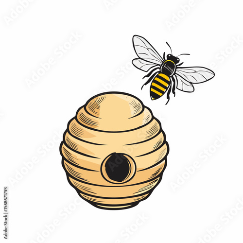 A bee flies near a beehive, depicted in a simple, cartoon-like illustration against a white background.