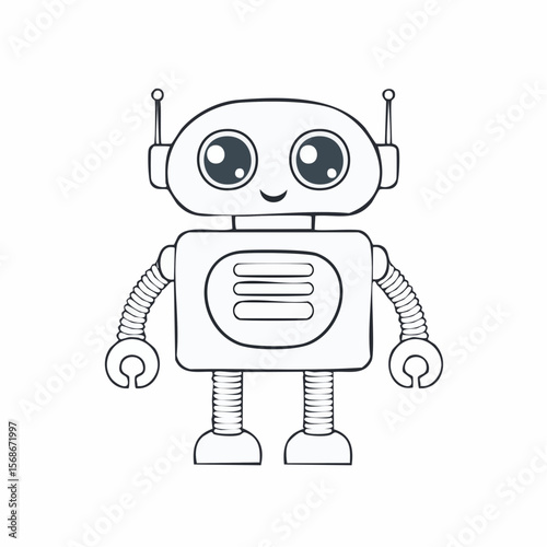 Cute cartoon robot with big eyes and antennae, standing upright.