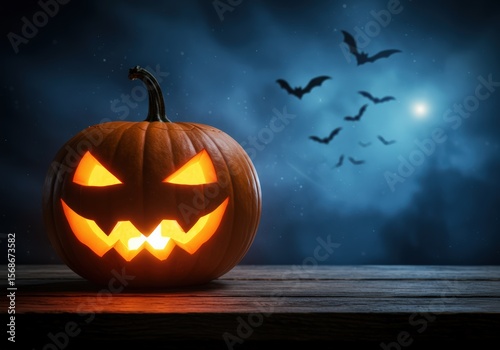 A carved pumpkin with a glowing face and bats flying in the spooky night sky.