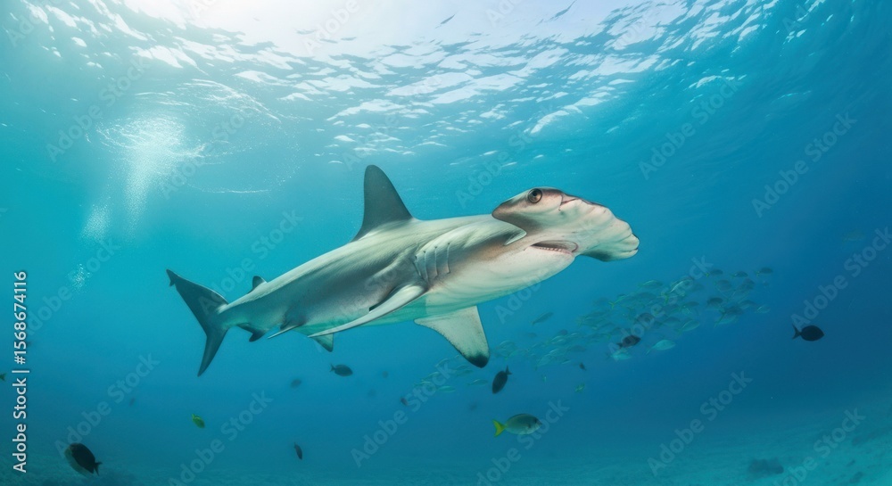 Fototapeta premium Underwater view of a hammerhead shark swimming in the sea