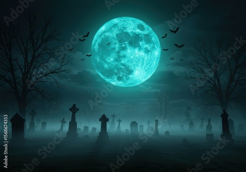 A glowing full moon illuminates a graveyard filled with fog and bats on Halloween night.
