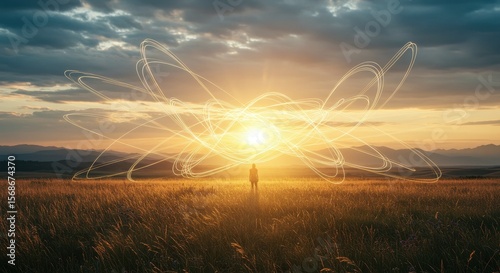Silhouette of a Woman Facing a Vibrant Sunrise with Energetic Swirls of Light
