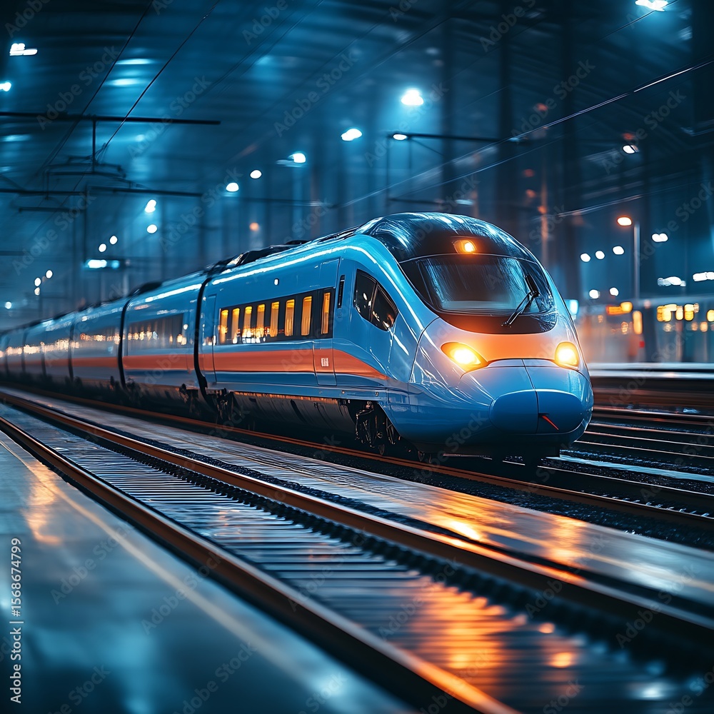 Fototapeta premium Modern high-speed train at a station at night.