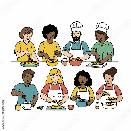Cooking group preparing food together in kitchen