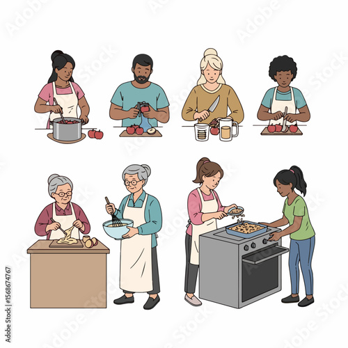 Cooking People Group Preparing Food Together in Kitchen