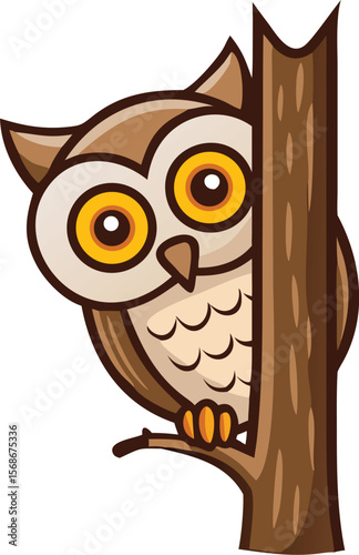 A barred owl peering from behind a tree trunk, one eye visible.