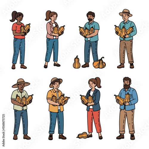 People holding pumpkins autumn harvest seasonal characters