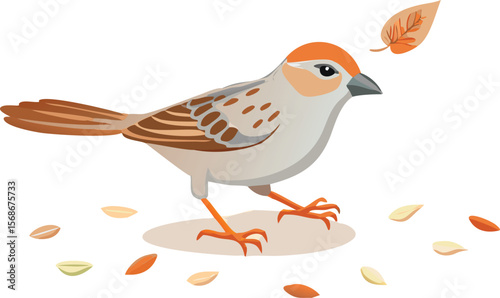 A chipping sparrow actively foraging, searching for seeds on the ground.