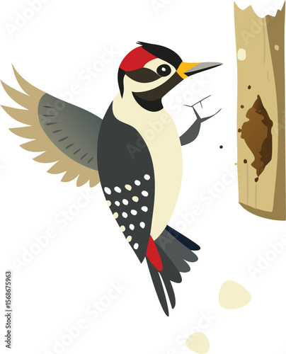 A downy woodpecker drilling a perfect hole, wood chips flying everywhere.