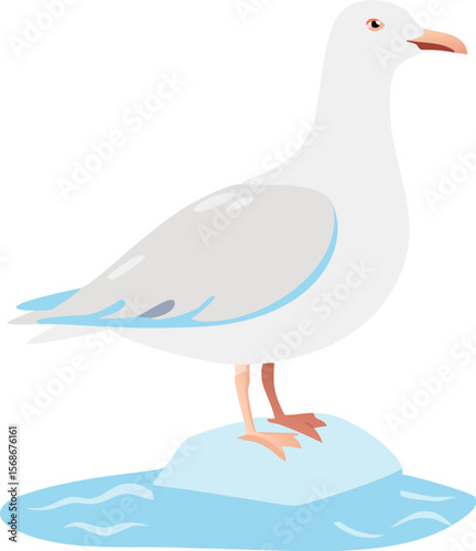 A glaucous gull with pale plumage, standing on an icy shore.