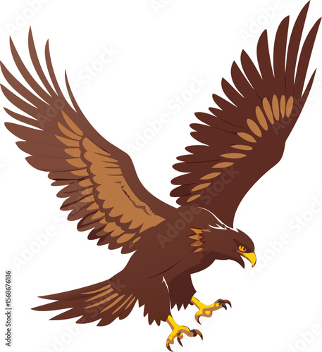 A golden eagle in powerful flight, its wings beating strongly and majestically.