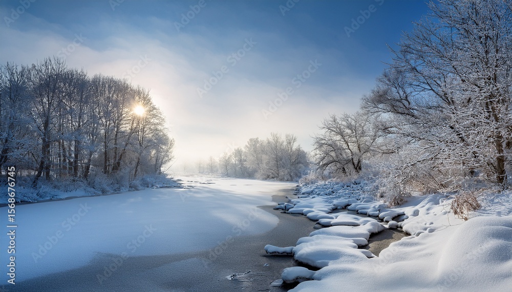 stark icy landscape under a pale winter sun frozen river snow covered trees and a vast expanse of white a scene of raw untouched winter beauty pale sun season vast stark icy landscape under a pale winter sun frozen river snow covered trees and a vast expanse of white a scene of raw untouched winter beauty pale sun season vast
