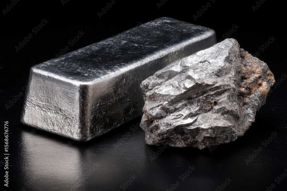 Insulated zinc bar beside raw zinc nugget on a black background a metal for alloys and steel production Insulated zinc bar beside raw zinc nugget on a black background a metal for alloys and steel production
