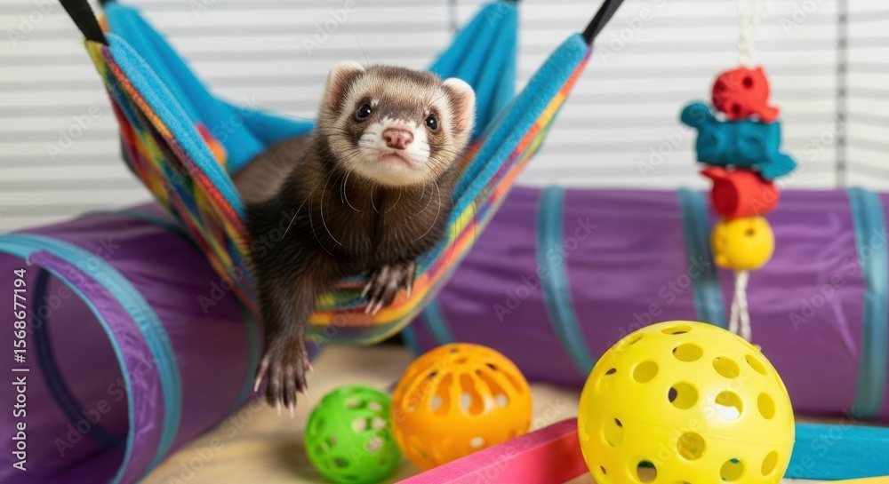 Fototapeta premium Adorable ferret lounging in hammock with colorful toys around it.