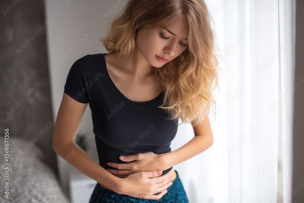 In pain a young woman clutches her abdomen experiencing symptoms like gastritis pancreatitis or diarrhea while a distressed teenage girl struggles with bloating and digestive i In pain a young woman clutches her abdomen experiencing symptoms like gastritis pancreatitis or diarrhea while a distressed teenage girl struggles with bloating and digestive i