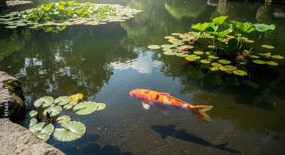 Orange and white koi swims through a pond with lily pads. Orange and white koi swims through a pond with lily pads.