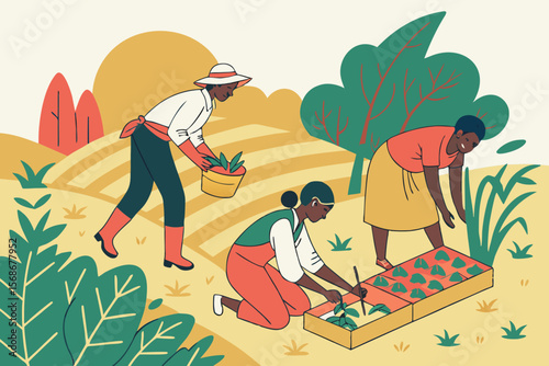 Diverse group of people tending to a garden on a sunny day