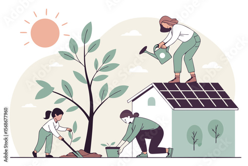 Family planting a tree in their yard with a house and sun in the background