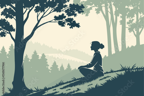 Silhouette of a woman meditating peacefully in a serene forest setting