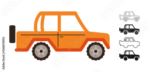 Car jeep icon symbol cartoon set. Hand drawn cute automobile suv car in multiple styles colored silhouette outline collection. Simple children funny auto truck transport icon vector illustration