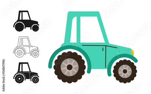 Tractor icon symbol cartoon set. Hand drawn retro farmer or builder car automobile in different styles colored silhouette outline collection. Simple funny auto transport comic icon vector illustration