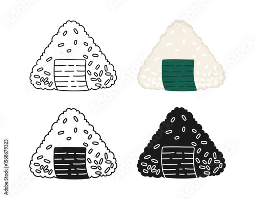 Sushi onigiri classic with rice nori seaweed symbol cartoon set. Traditional Asian Japanese food linear doodle icon. Sushi seafood vector illustration. Doodle design sign for menu, cafe bar restaurant