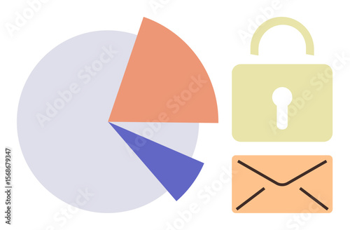 Pie chart with three segments, lock symbol representing security, and envelope for communication. Ideal for data analysis, privacy, cybersecurity, messaging, data protection, communication simple